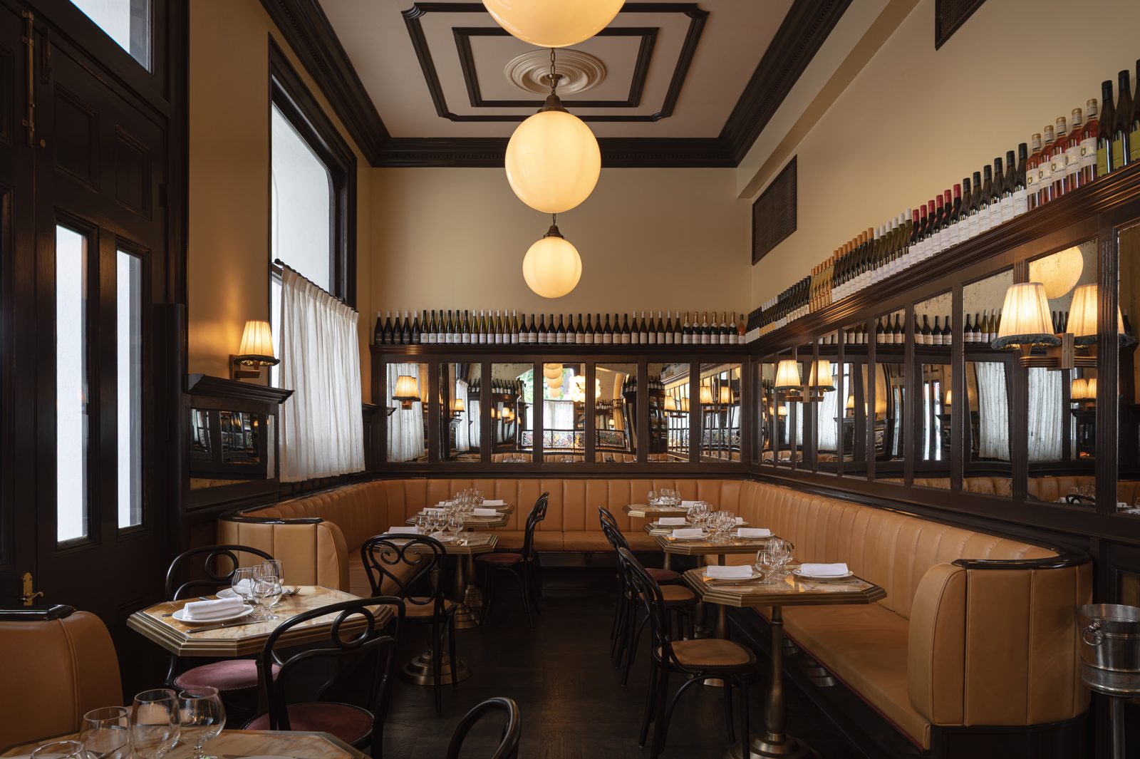 Finished dining room and panelled feature ceiling at The French Exit, inside the Old Coal Board Building